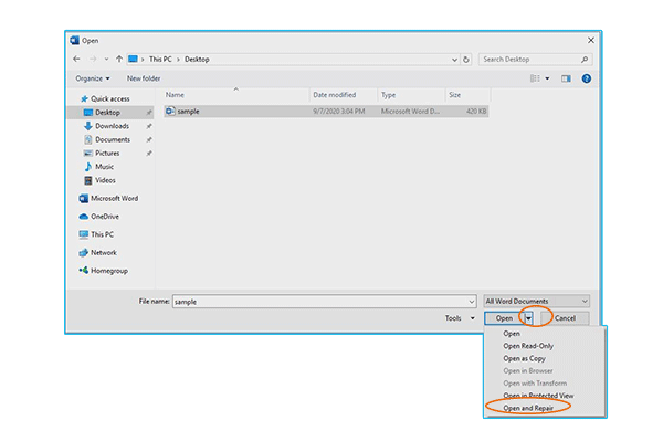 MS Word open and repair option