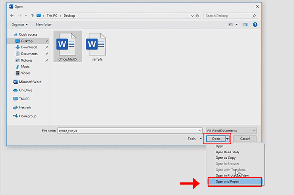 open and repair option in MS Word