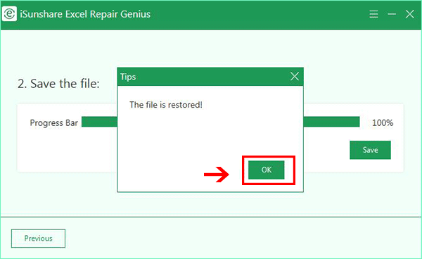 the corrupted excel file is restored