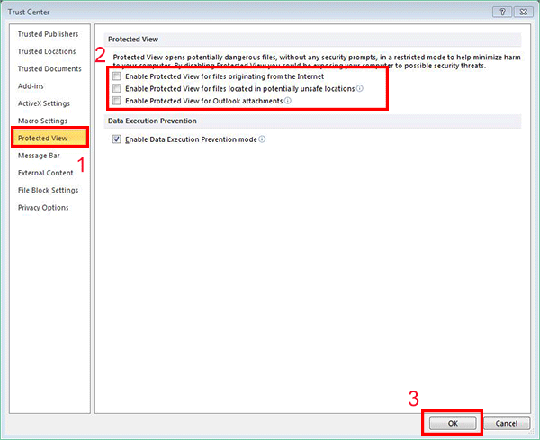 uncheck Protected view options