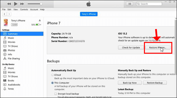 restore iPhone in iTunes