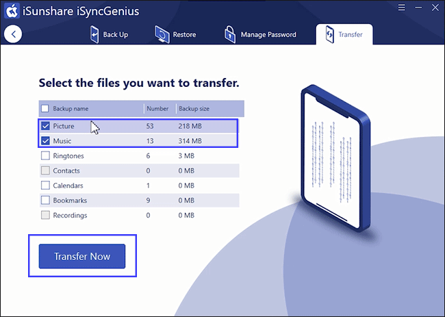 tick the data you want to transfer