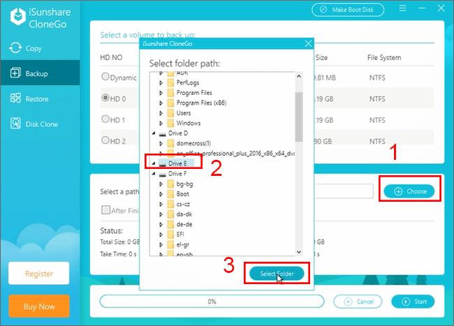 choose a folder to save backup file