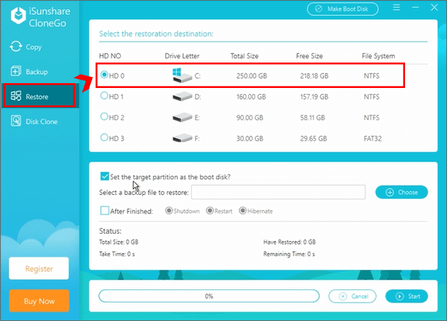 select system drive as restoration destination