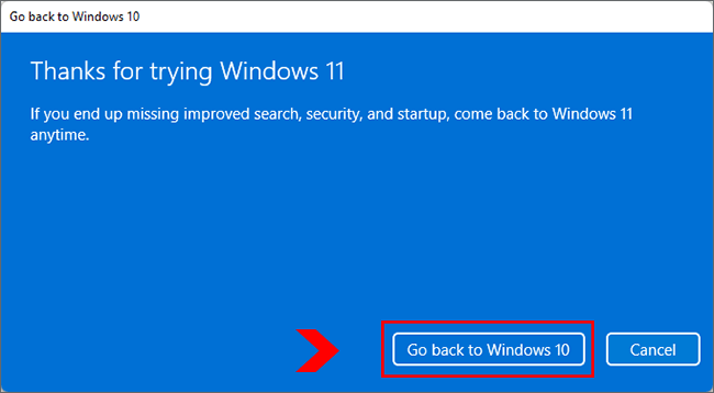 click Go back to Windows 10