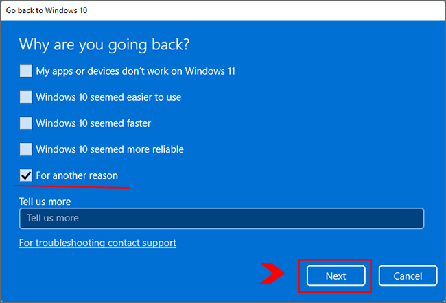 select the reason to go back to Windows 10