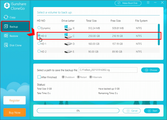 select Windows os to back up