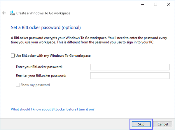 skip optional option to set bitlocker password
