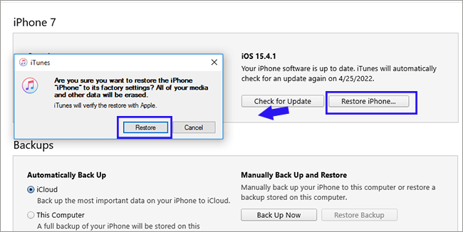 restore iPhone in iTunes