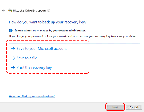 choose location to save recovery key