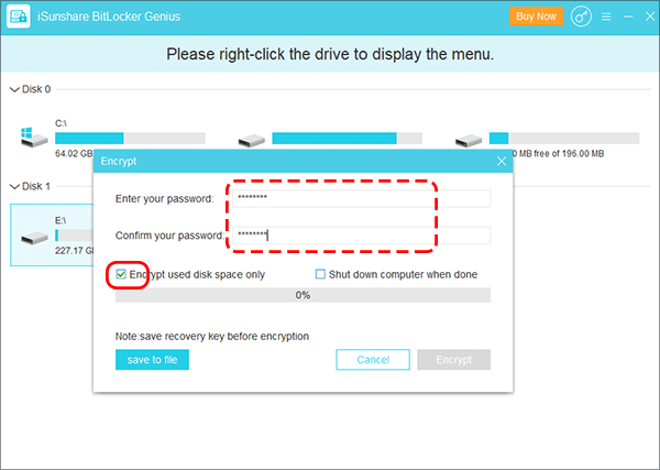 enter password to encrypt used disk space only