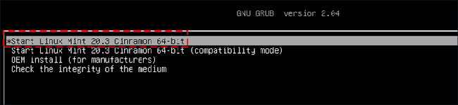 choose the Start Linux Mint 20.3 Cinnamon 64-bit option