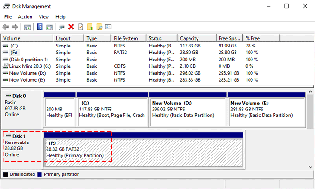 the USB disk is disk 1