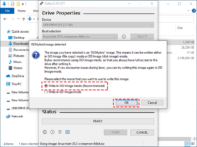 select Write in ISO image mode(Recommended)