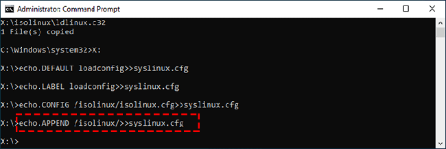 type echo.APPEND /isolinux/>>syslinux.cfg
