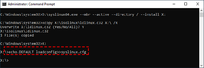type echo.DEFAULT loadconfig>>syslinux.cfg