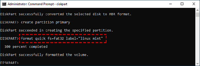 format quick fs=fat32 label="linux mint"