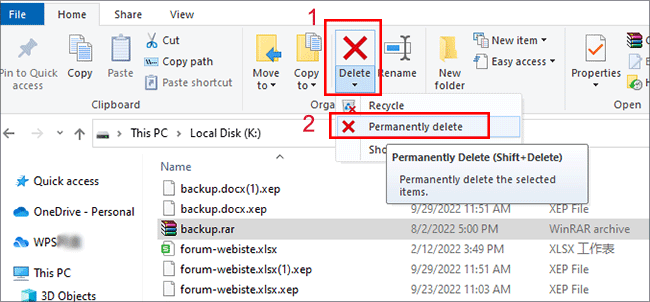 permanently delete the selected items 
