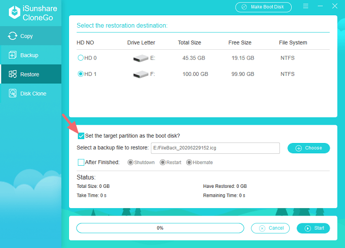 vérifier définir la partition cible amorçable