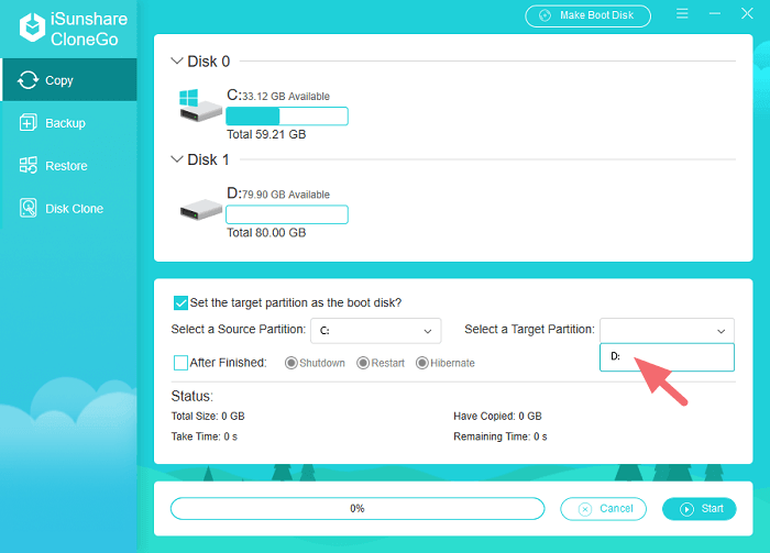 choisissez une partition pour stocker la copie