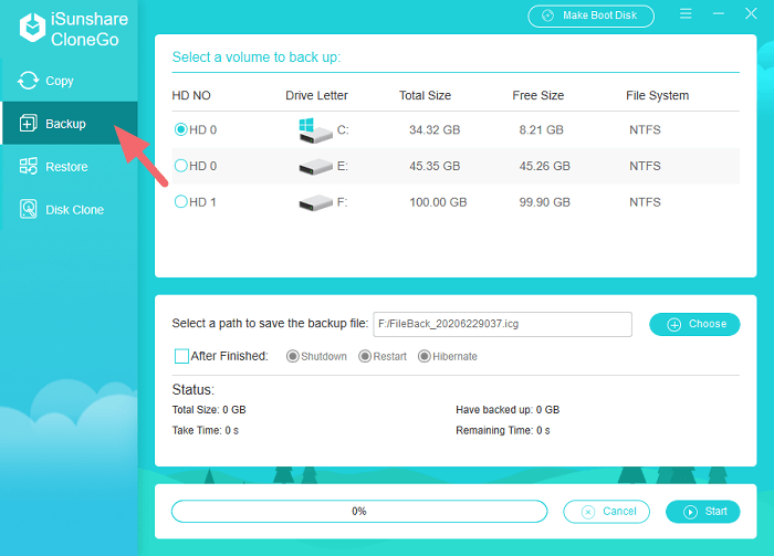 cliquez sur l'option de sauvegarde dans clonego