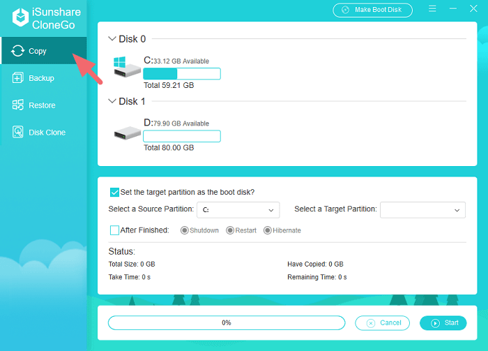 cliquez sur l'option de copie dans CloneGo