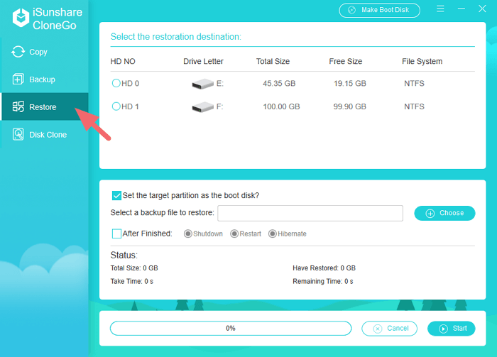 cliquez sur l'option de restauration dans CloneGo