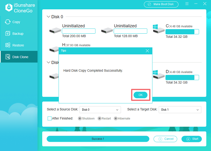 cloner le disque avec succès