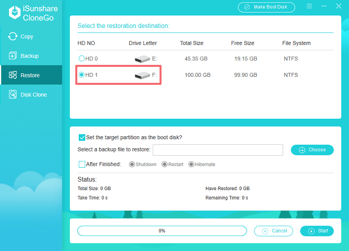 sélectionnez un volume pour restaurer le système