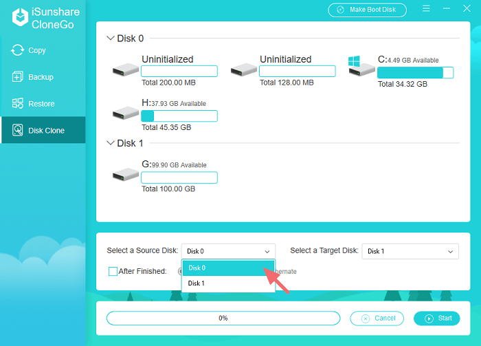 sélectionnez le disque à cloner