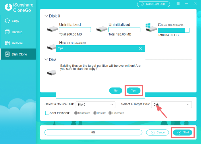 démarrer le clonage du disque