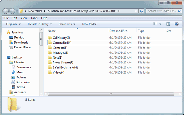 fichiers de données ios récupérés enregistrés sur l'ordinateur