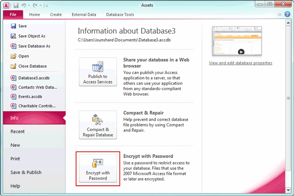 choose encrypt with password for access database