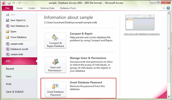 unset access database password after password recovery