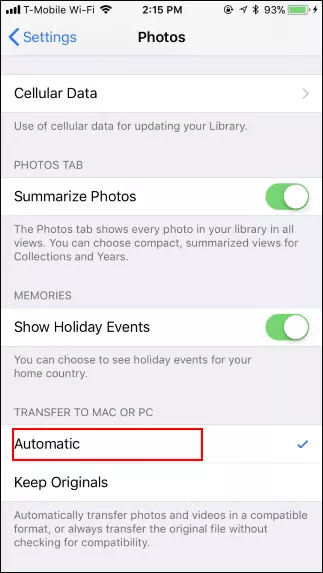 set Automatic in iPhone Photos settings