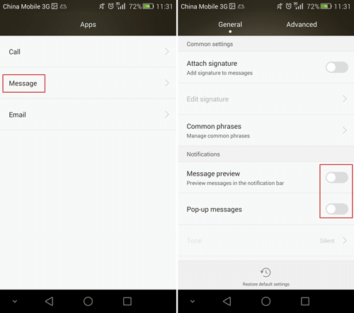 turn off messages notifications and preview on Huawei phone