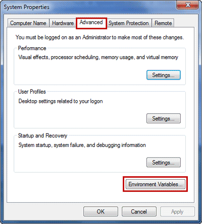 choose environment variables in system settings