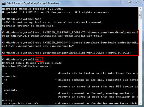 fix adb error by setting adb path with cmd