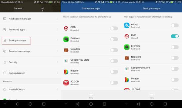 control startup apps on Android