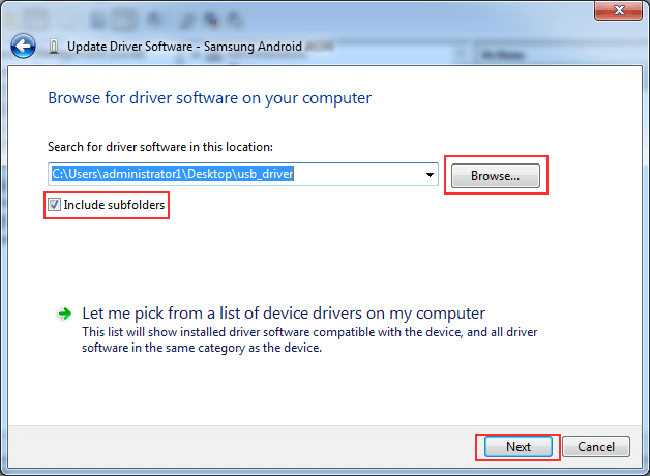 select usb driver include subfolders and next