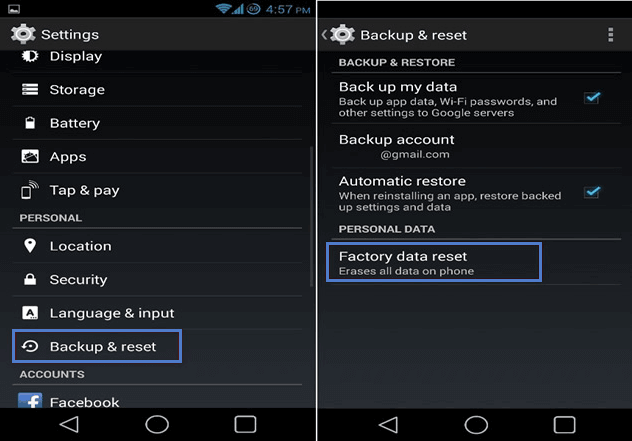 factory reset android phone