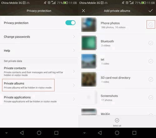 private albums on Huawei Android