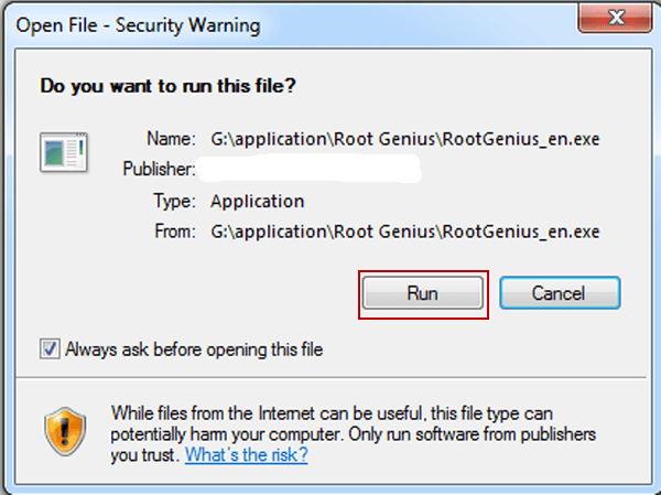 select run in security warning dialog