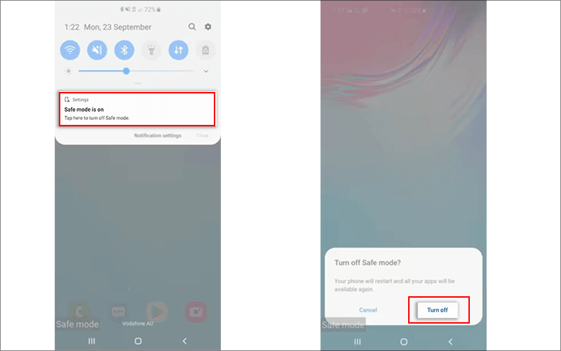 disable safe mode from notofication panel