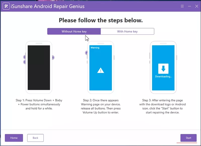 click Start after entering Download mode
