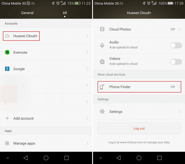 open Phone Finder option on Huawei phone