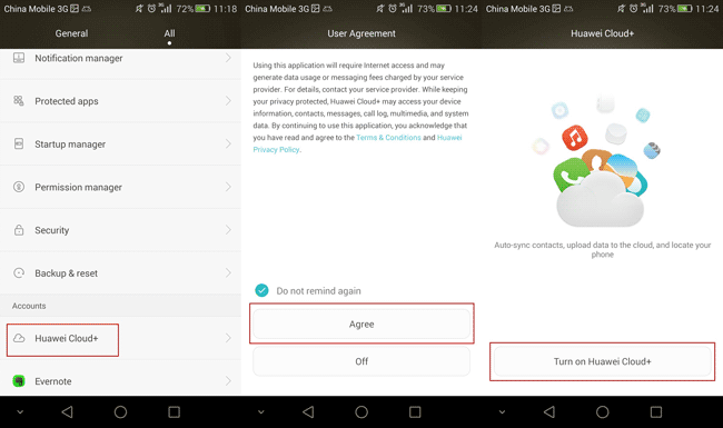 turn on Huawei Cloud+ on Android phone