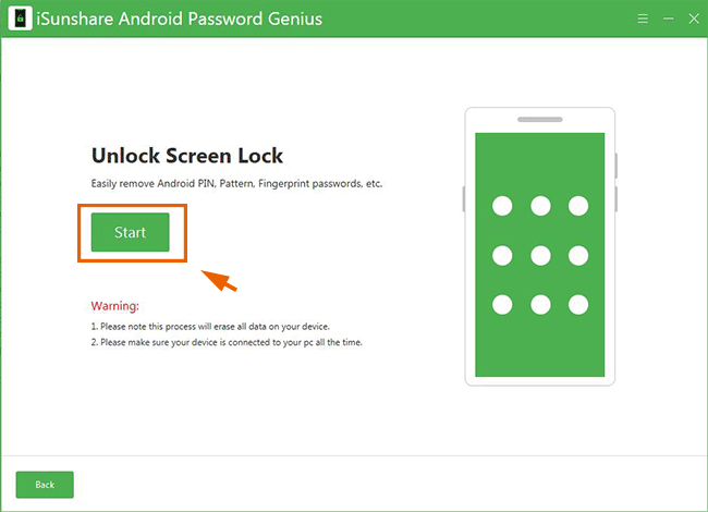 click the Start button on unlock screen lock interface