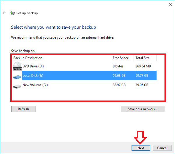 select the backup destination