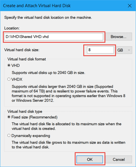 create and attach virtual hard disk